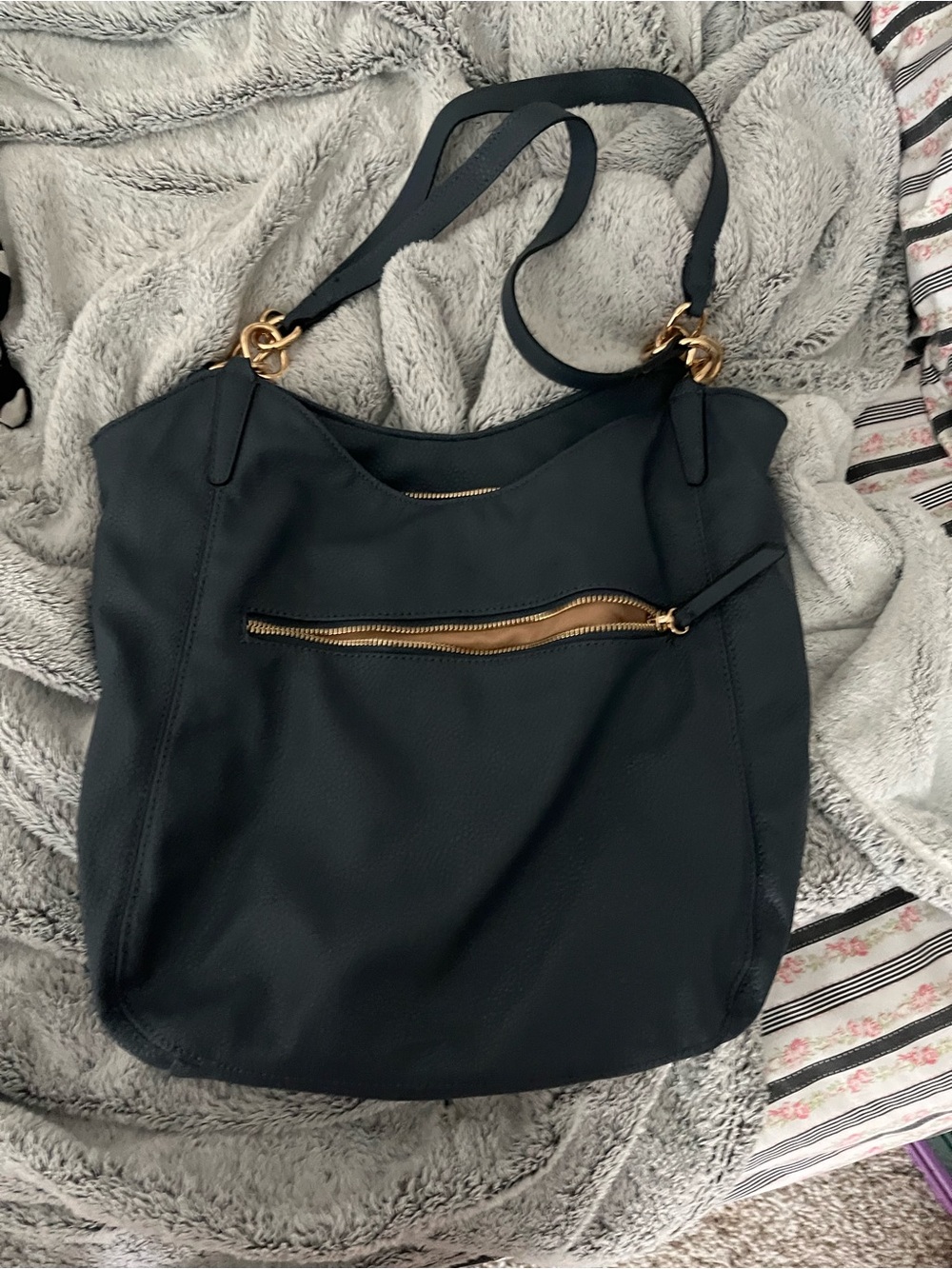 Everyday Black Shoulder Hobo with Gold-Zip Accent